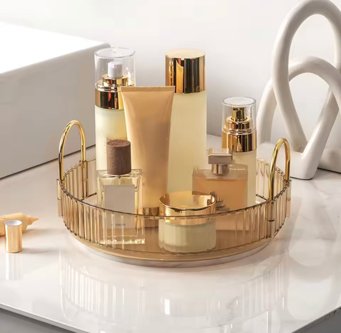 360° Rotating Cosmetic Display Case, Multifunctional Crystal Rotating Tray, Detachable Skincare Holder Rack 360° Rotating Cosmetic Display Case, Multifunctional Crystal Rotating Tray, Detachable Skincare Holder Rack
